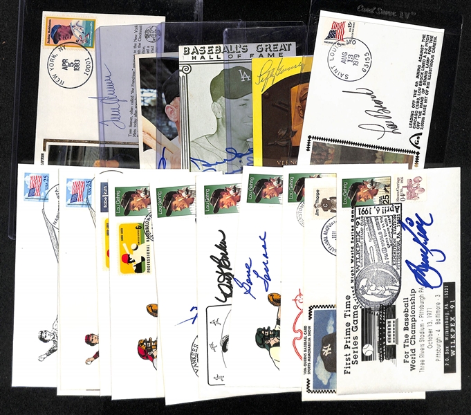 Lot of (18) Hall of Fame Signed First Day Issues inc. Lou Brock, Lefty Gomez, Duke Snider, Harmon Killebrew, + (JSA Auction Letter)