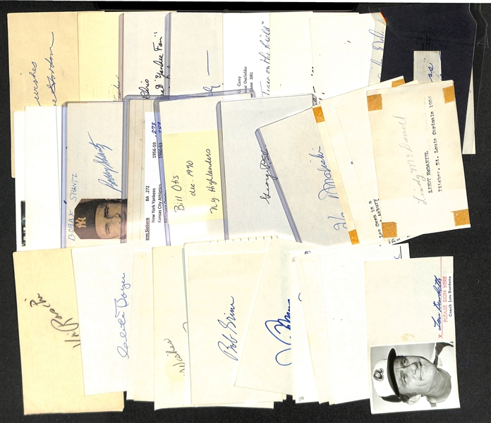 Lot of (48) Signed Index Cards w. Duke Maas (RARE 1961 Yankees player), Jim Palmer, Lindsey Nelson, Earl Averill, Max Carey, Charlie Keller, Andy Carey, Dom Di Maggio, and Joe Gordan, + (JSA...