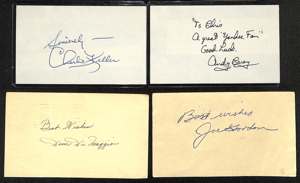 Lot of (48) Signed Index Cards w. Duke Maas (RARE 1961 Yankees player), Jim Palmer, Lindsey Nelson, Earl Averill, Max Carey, Charlie Keller, Andy Carey, Dom Di Maggio, and Joe Gordan, + (JSA...