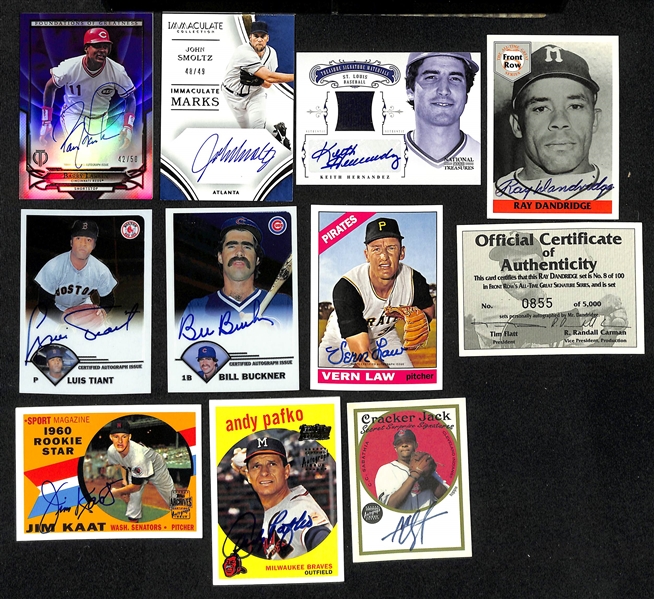 Lot of (11) Autographed Hall of Fame Baseball Cards, w. 2016 Topps Tribute Barry Larkin /50 and 2016 Immaculate John Smoltz /49. 