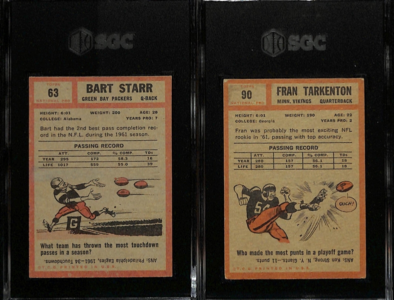 1962 Topps Football Card Lot - Bart Starr #63 (SGC 5) & Fran Tarkenton #90 (SGC 2)