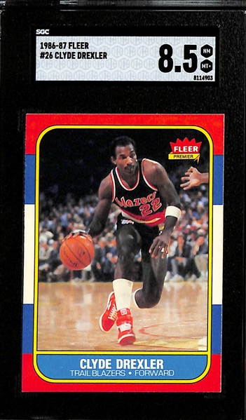 1986-87 Fleer Basketball Rookie Lot - Clyde Drexler #26 (SGC 8.5), Karl Malone #68 (SGC 8.5), & Patrick Ewing #32 (SGC 7.5)