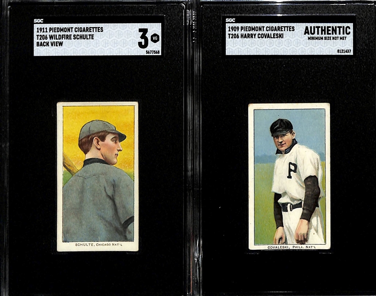 (2) 1909-11 Piedmont T206 Tobacco Cards - Wildfire Schulte (Back View, Cubs, SGC 3) & Harry Covaleski (Phillies, SGC Authentic)