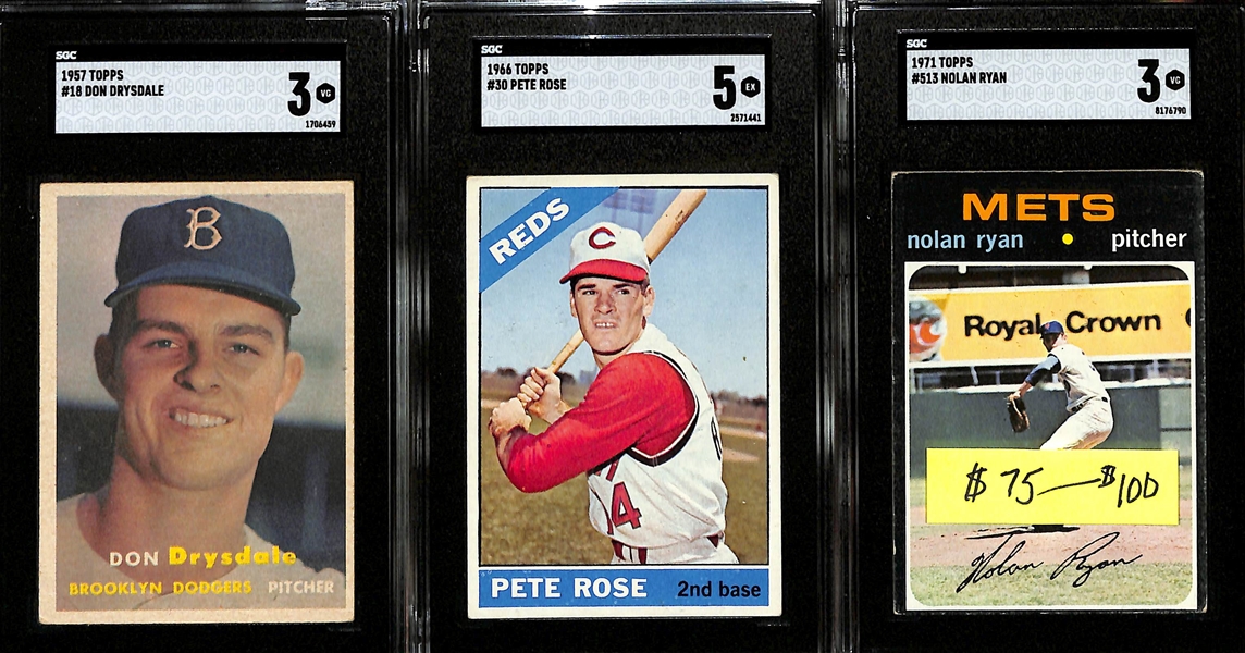(3) Graded Topps Baseball Cards - 1957 Don Drysdale Rookie (SGC 5), 1966 Pete Rose (SGC 5), & 1971 Nolan Ryan (SGC 3)