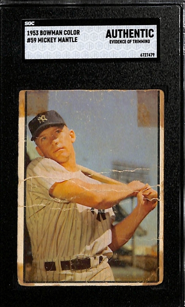 1953 Bowman Color Mickey Mantle #59 Graded SGC Authentic (Trimmed w. Tape and Writing)