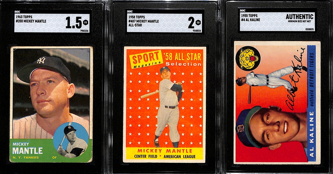 Topps Graded Lot - 1963 Mickey Mantle #200 (GSC 1.5), 1958 Mantle All-Star #487 (SGC 2), 1955 Kaline #4 (SGC Authentic - Minimum Size)