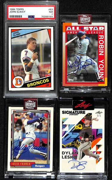 Lot of (4) Sports Cards inc. 1984 Topps John Elway Rookie (PSA 7), 2023 Archives Signature Series Robin Yount Autograph (#/1) (1990 Topps), +