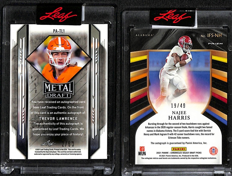 Lot of (2) 2021 Football Rookie Autographs- 2021 Leaf Metal Draft Trevor Lawrence (#/60), Select Draft Picks Najee Harris In Flight (#/49)