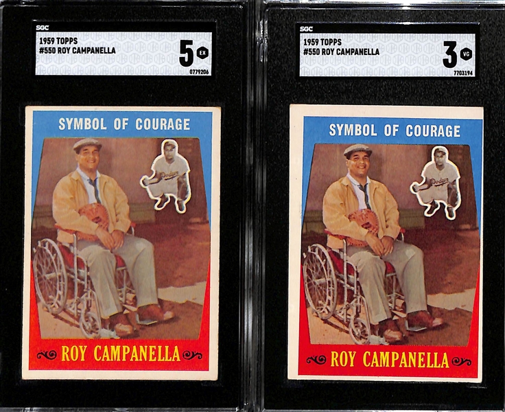 (2) 1959 Topps Roy Campanella Symbol of Courage Cards - Graded SGC 5 and SGC 3