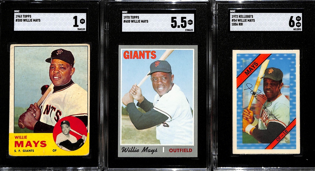 (3) Graded Willie Mays Cards - 1963 Topps #300 (SGC 1), 1970 Topps #600 (SGC 5.5), 1972 Kellogg's (SGC 6)