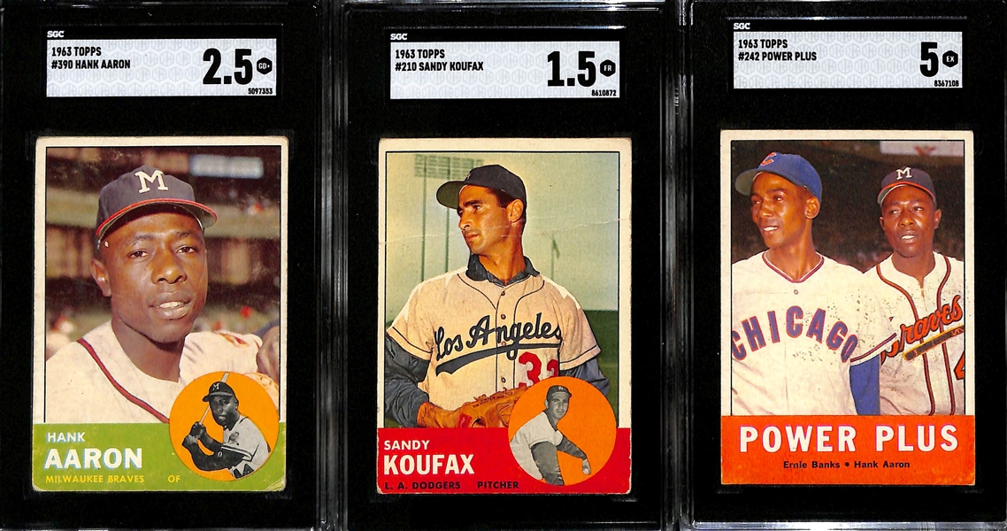 1963 Topps Lot - Hank Aaron #390 (SGC 2.5), Sandy Koufax #210 (SGC 1.5), Power Plus Aaron/Banks #242 (SGC 5)