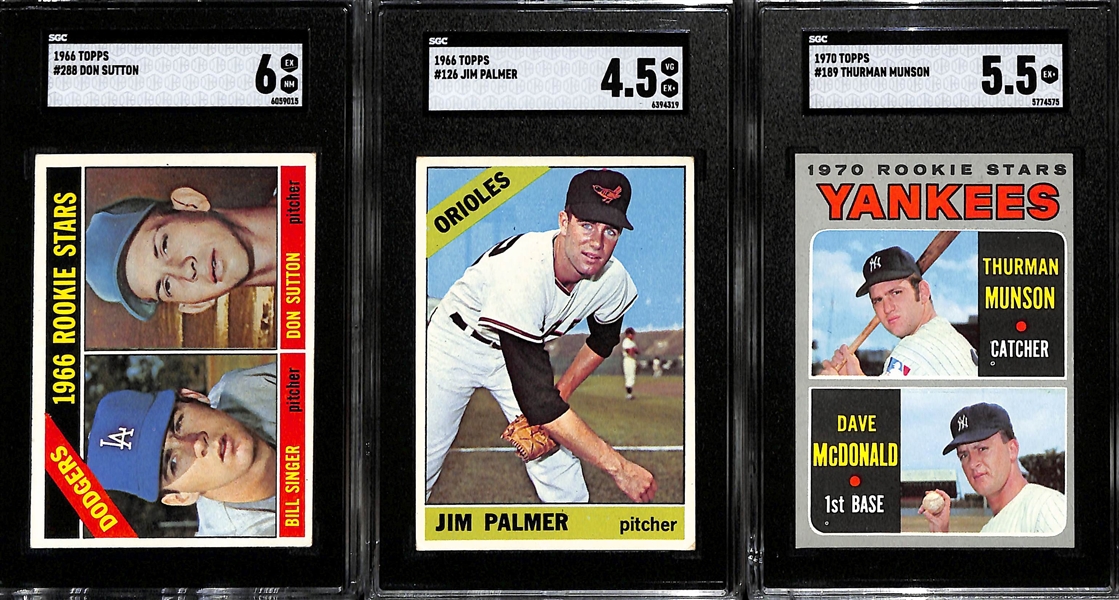 Topps Rookie Baseball Card Lot - 1966 Don Sutton #288 (SGC 6), 1966 Jim Palmer #126 (SGC 4.5), Thurman Munson #189 (SGC 5.5)