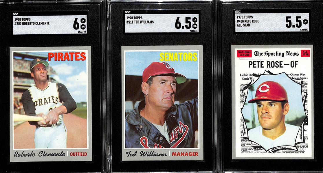 1970 Topps Lot - Roberto Clement #350 (SGC 6), Ted Williams # 211 (SGC 6.5) & Pete Rose All-Star #458 (SGC 5.5)