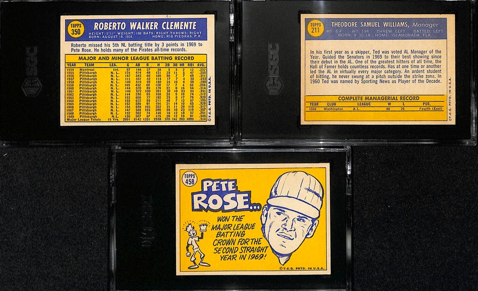 1970 Topps Lot - Roberto Clement #350 (SGC 6), Ted Williams # 211 (SGC 6.5) & Pete Rose All-Star #458 (SGC 5.5)