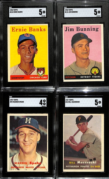 (4) Graded Topps Cards - 1958 Ernie Banks #310 (SGC 5), 1958 Jim Bunning (SGC 5), 1957 Spahn #90 (SGC 4), 1957 Mazeroski #24 (SGC 5)  
