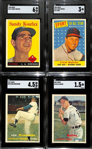 (4) Graded Topps Cards - 1958 Sandy Koufax #187 (SGC 6), 1958 Stan Musial AS #476 (SGC 3), 1957 Don Newcombe #130 (SGC 4.5), 1957 Kaline #125 (SGC 1.5)  