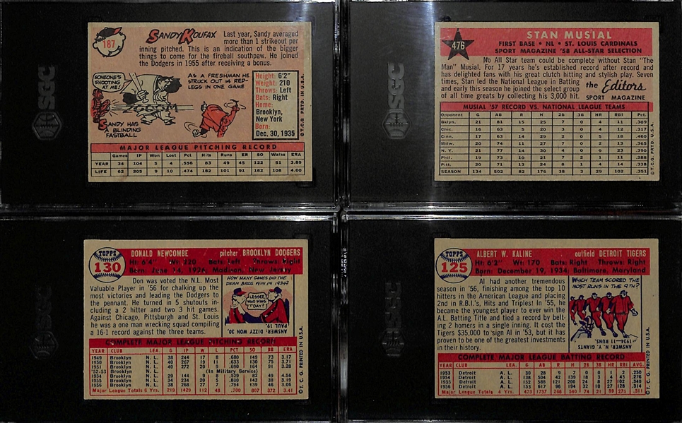 (4) Graded Topps Cards - 1958 Sandy Koufax #187 (SGC 6), 1958 Stan Musial AS #476 (SGC 3), 1957 Don Newcombe #130 (SGC 4.5), 1957 Kaline #125 (SGC 1.5)  