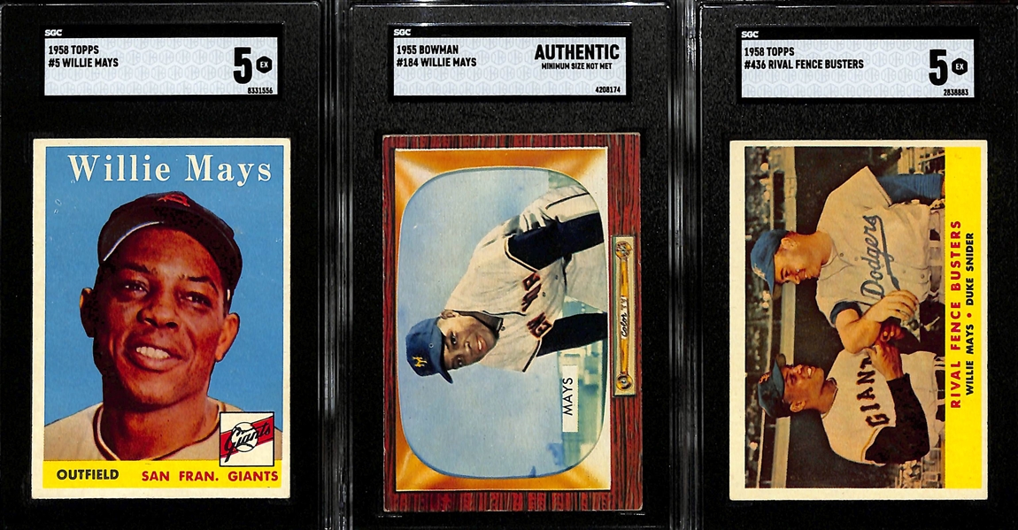 Willie Mays Lot - 1958 Topps #5 (SGC 5), 1955 Bowman #184 (SGC Authentic) & 1958 Topps #436 Rival Fence Busters (SGC 5)