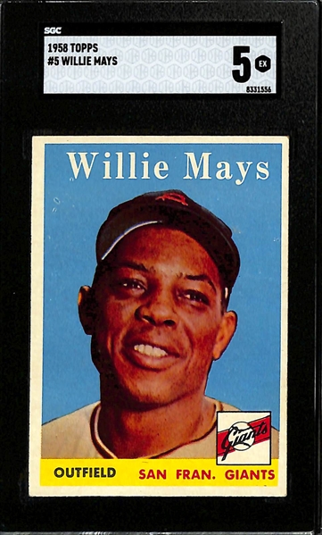 Willie Mays Lot - 1958 Topps #5 (SGC 5), 1955 Bowman #184 (SGC Authentic) & 1958 Topps #436 Rival Fence Busters (SGC 5)