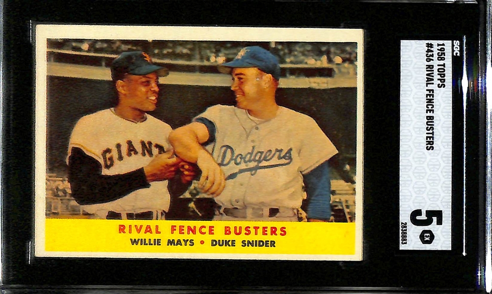 Willie Mays Lot - 1958 Topps #5 (SGC 5), 1955 Bowman #184 (SGC Authentic) & 1958 Topps #436 Rival Fence Busters (SGC 5)