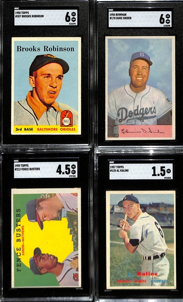 (4) Graded Cards - 1958 Topps Brooks Robinson #307 (SGC 6), 1954 Bowman Duke Snider #170 (SGC 6), 1959 Topps Fence Busters #212 (Hank Aaron/Mathews), 1957 Kaline #125 (SGC 1.5)  