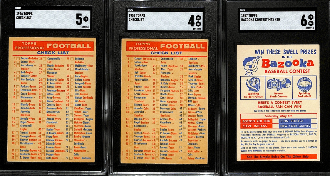 (2) 1956 Topps Football Checklists (SGC 4 & SGC 5), and a 1957 Topps Bazooka Baseball Contest Card (SGC 6)