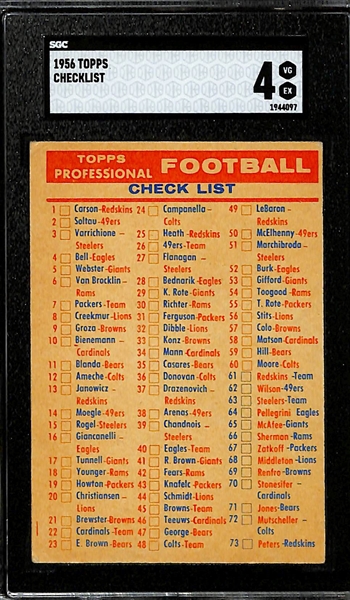 (2) 1956 Topps Football Checklists (SGC 4 & SGC 5), and a 1957 Topps Bazooka Baseball Contest Card (SGC 6)