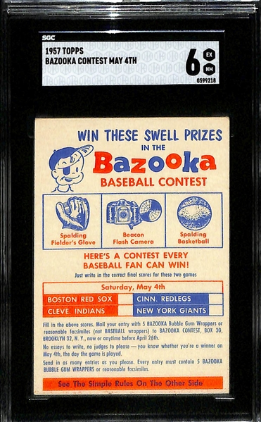 (2) 1956 Topps Football Checklists (SGC 4 & SGC 5), and a 1957 Topps Bazooka Baseball Contest Card (SGC 6)