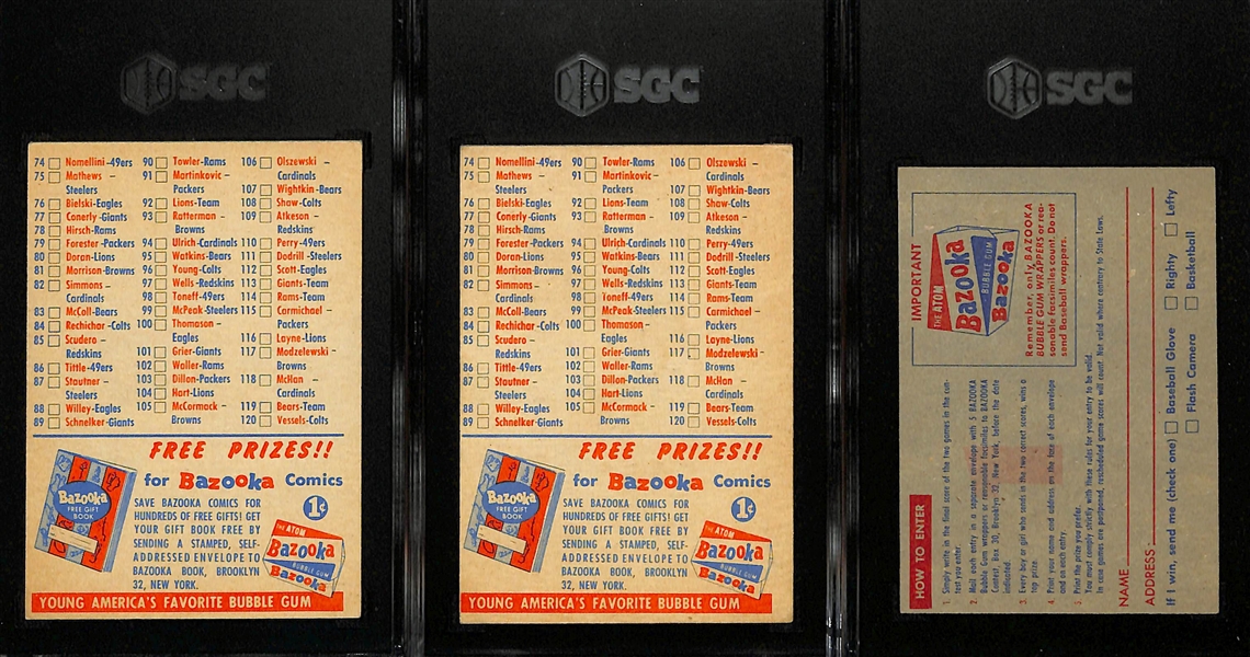 (2) 1956 Topps Football Checklists (SGC 4 & SGC 5), and a 1957 Topps Bazooka Baseball Contest Card (SGC 6)