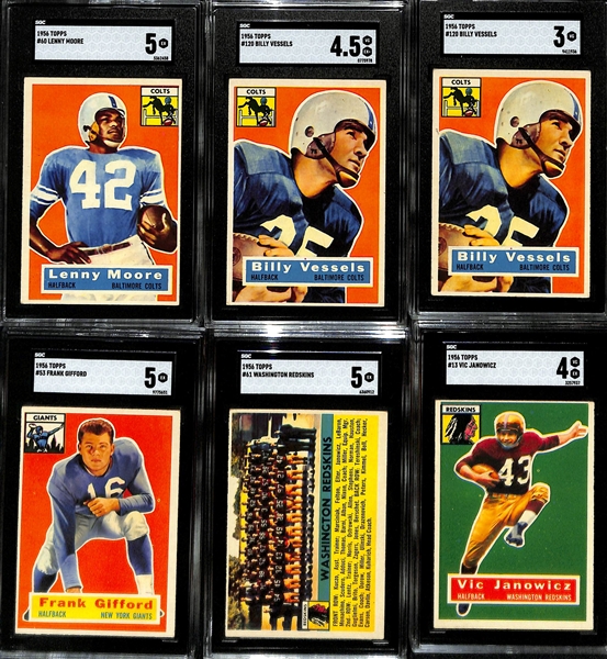 (6) 1956 Topps Football Cards w. Lenny Moore Rookie (SGC 5), (2) Billy Vessels (SGV 4.5 & SGC 3), Frank Gifford (SGC 5), Redskins Team (SGC 5), Janowicz (SGC 4)