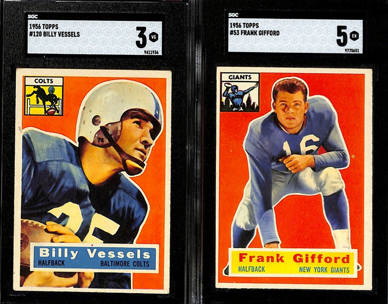 (6) 1956 Topps Football Cards w. Lenny Moore Rookie (SGC 5), (2) Billy Vessels (SGV 4.5 & SGC 3), Frank Gifford (SGC 5), Redskins Team (SGC 5), Janowicz (SGC 4)