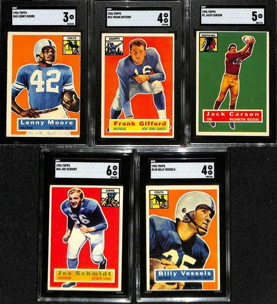 (5) 1956 Topps Football Cards w. Lenny Moore Rookie (SGC 3), Frank Gifford (SGC 4), Frank Carson #1 (SGC 5), Joe Schmidt (SGC 6),  Billy Vessels (SGC 4)