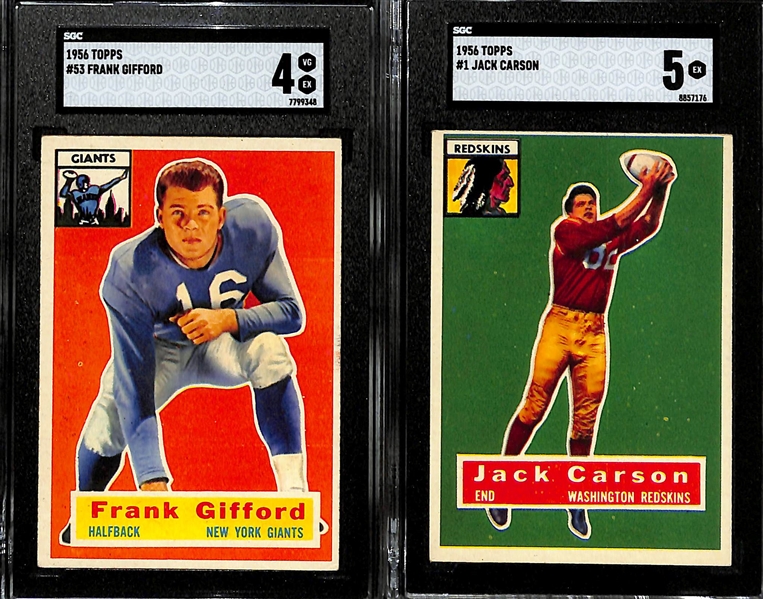 (5) 1956 Topps Football Cards w. Lenny Moore Rookie (SGC 3), Frank Gifford (SGC 4), Frank Carson #1 (SGC 5), Joe Schmidt (SGC 6),  Billy Vessels (SGC 4)