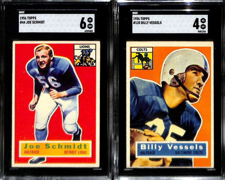 (5) 1956 Topps Football Cards w. Lenny Moore Rookie (SGC 3), Frank Gifford (SGC 4), Frank Carson #1 (SGC 5), Joe Schmidt (SGC 6),  Billy Vessels (SGC 4)