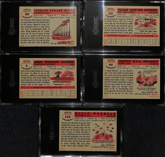 (5) 1956 Topps Football Cards w. Lenny Moore Rookie (SGC 3), Frank Gifford (SGC 4), Frank Carson #1 (SGC 5), Joe Schmidt (SGC 6),  Billy Vessels (SGC 4)