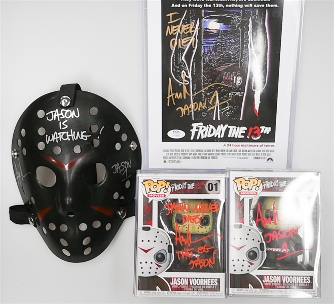 Ari Lehman (Jason Vorhees From Friday the 13th) Signed Lot - (2) Funko Pops, 8x10 Movie Poster Photo, & Hockey Mask (w. Inscriptions) 