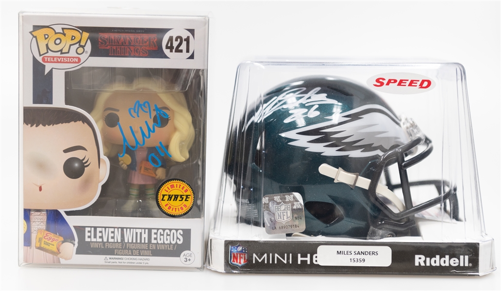 Autograph Lot - Eleven with Eggos Autograph Chase Funko Pop & Miles Sanders Eagles Signed Mini Helmet (Both w. JSA COAs)