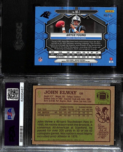 Lot of (2) Graded Quarterback Rookie Cards - 2023 Mosaic Football Bryce Young Rookie Debut White (SGC 9.5) (#/25), 1984 Topps John Elway (PSA 8)