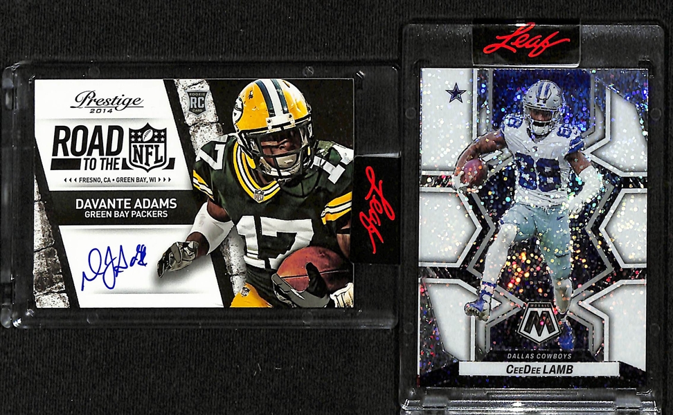 Lot of (27) Football Cards inc. 2014 Prestige Davante Adams Road To The NFL Rookie Autograph, 2022 Mosaic CeeDee Lamb White Sparkle (SSP), +