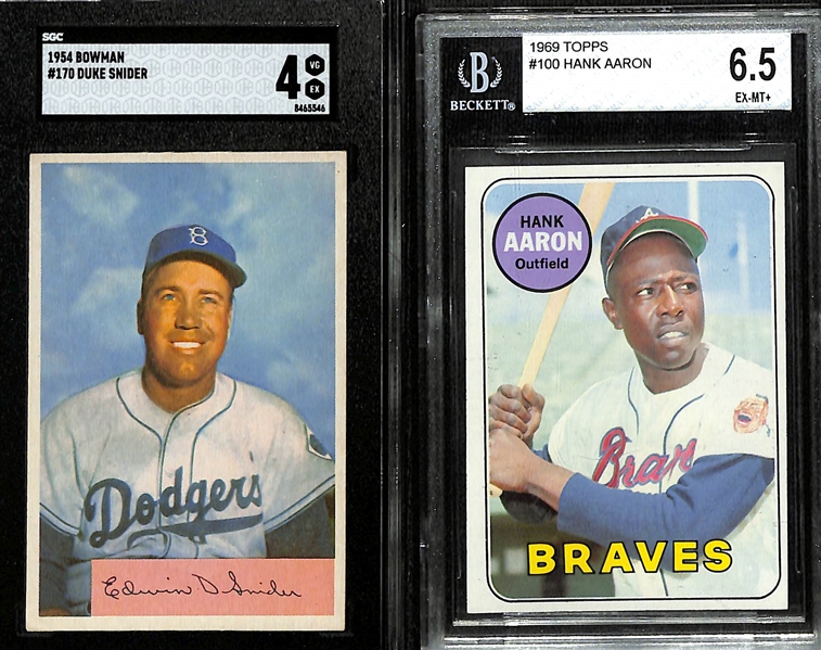 Lot of (2) Graded Vintage Baseball Cards- 1954 Bowman Duke Snider (SGC 4), 1969 Topps Hank Aaron (BGS 6.5)