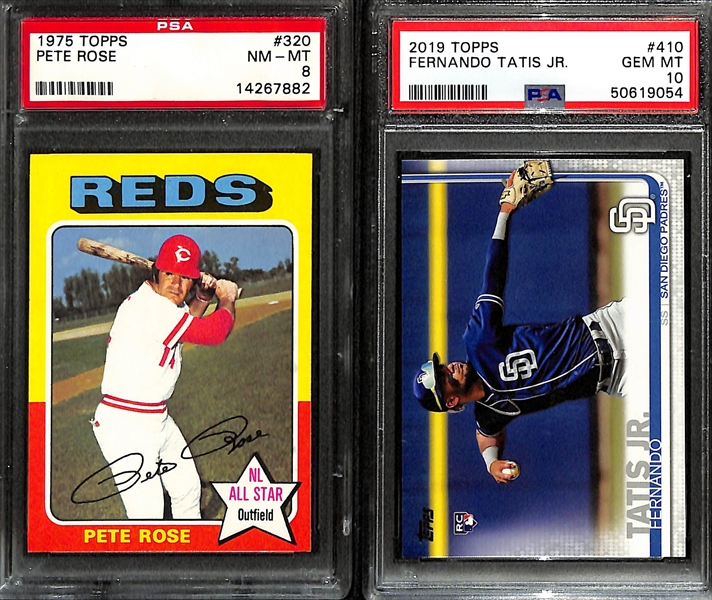 Lot of (2) PSA Graded Baseball Cards- 1975 Topps Pete Rose (PSA 8), 2019 Topps Fernando Tatis Jr Rookie (PSA 10)