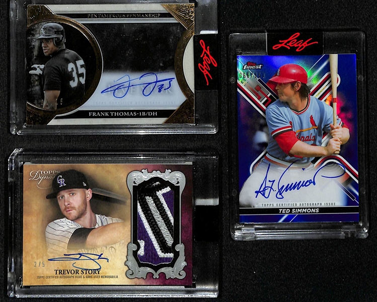 Lot of (3) Topps Autograph Baseball Cards- 2020 Five Star Frank Thomas (#/15), 2022 Finest Ted Simmons Blue Refractor (#/150), 2021 Dynasty Trevor Story Patch (#/5)