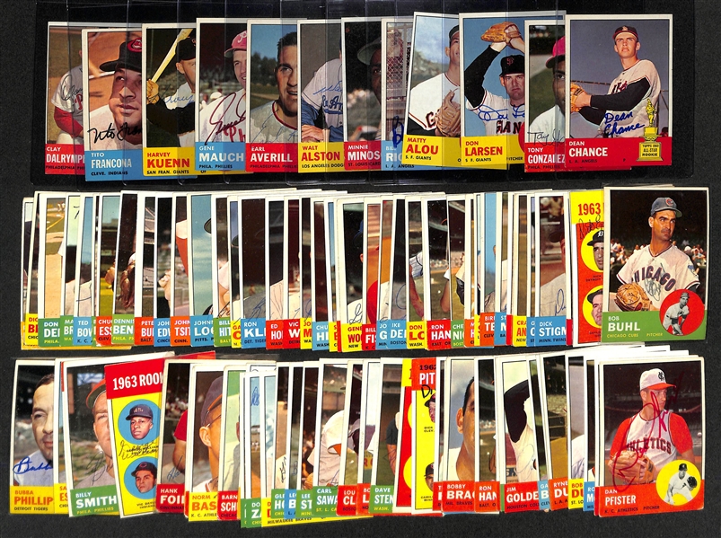 (95) Signed 1963 Topps Baseball Cards Inc. Dean Chance, Tony Gonzalez, Don Larsen, Matty Alou, Bill Rigney, Minnie Minoso, Walt Alston, Earl Averill, Gene Mauch, Harvey Kuenn, Tito Francona, and...