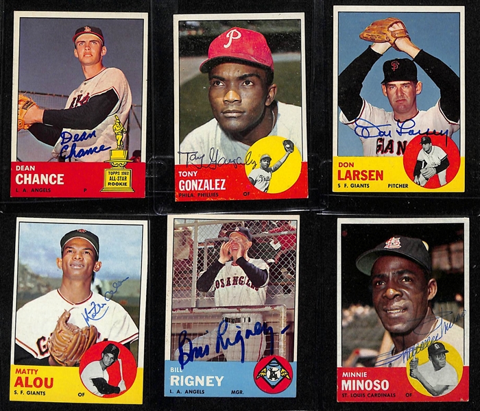 (95) Signed 1963 Topps Baseball Cards Inc. Dean Chance, Tony Gonzalez, Don Larsen, Matty Alou, Bill Rigney, Minnie Minoso, Walt Alston, Earl Averill, Gene Mauch, Harvey Kuenn, Tito Francona, and...