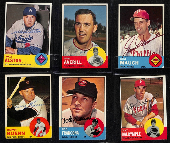 (95) Signed 1963 Topps Baseball Cards Inc. Dean Chance, Tony Gonzalez, Don Larsen, Matty Alou, Bill Rigney, Minnie Minoso, Walt Alston, Earl Averill, Gene Mauch, Harvey Kuenn, Tito Francona, and...