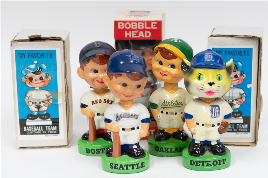 Lot of (5) American League Bobbleheads from 1980s-1990s w. Detroit Tigers Mascot