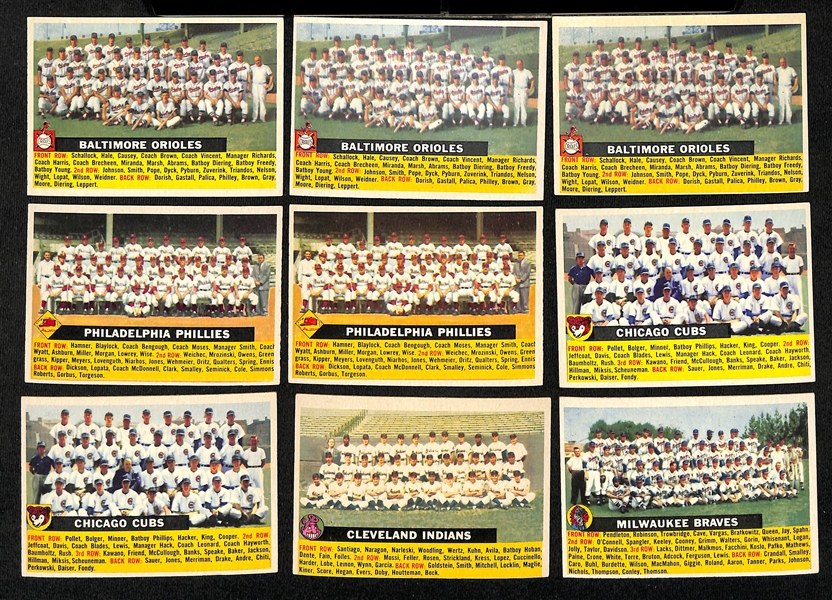 Lot of (13) 1956 Topps Team Cards & (4) 1958 Topps Team Cards w. (3) 1956 Baltimore Orioles Team Cards