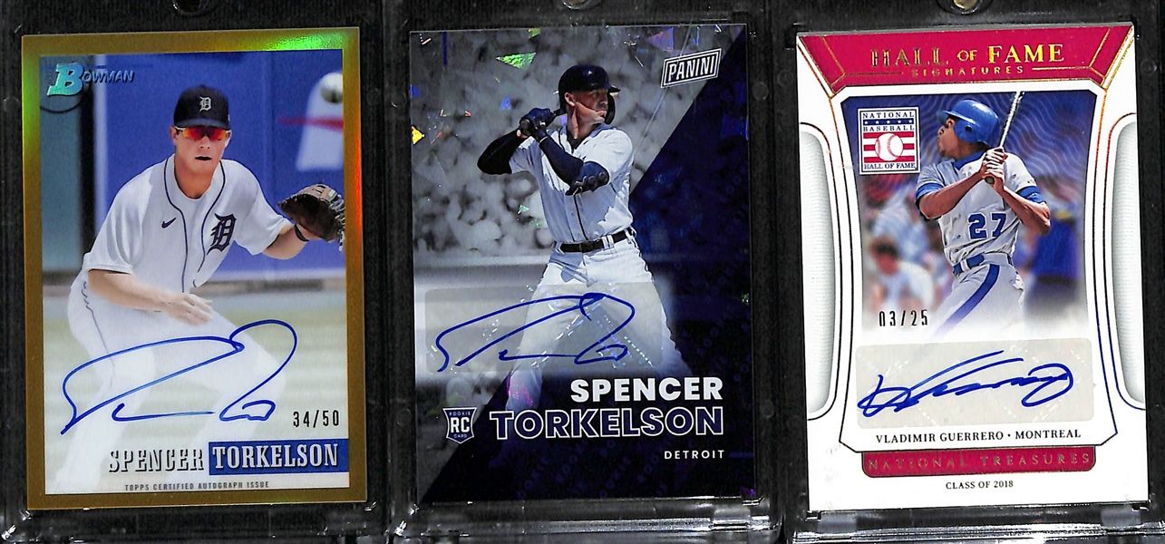 Autograph Lot - (2) Spencer Torkelson (2021 Bowman Heritage Gold Chrome #/50 & 2022 Panini NSCC #/25) & Vladimir Guerrero National Treasures #/25