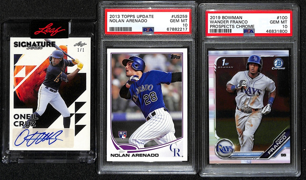 Baseball Rookie Lot - 2023 Oneil Cruz #1/1 Leaf Sig. Autograph, 2013 Nolan Arenado Update (PSA 10), 2019 Bowman Chrome Wander Franco (PSA 10)