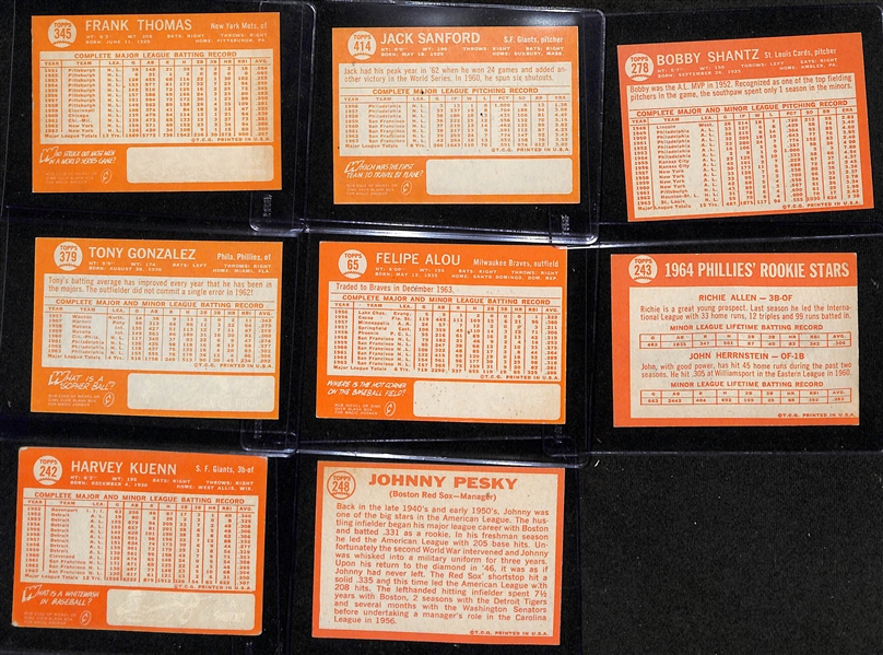 (97) 1964 Topps Baseball Cards Inc. Frank Thomas, Jack Sanford, Bobby Shantz, Tony Gonzalez, Feliple Alou, John Herrnstein, Harvey Kuenn, Johnny Pesky, + (JSA Auction Letter)